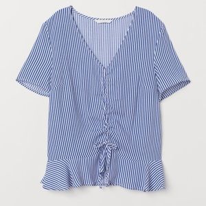 H&M Blue White Striped Ruffle Short Sleeve Top